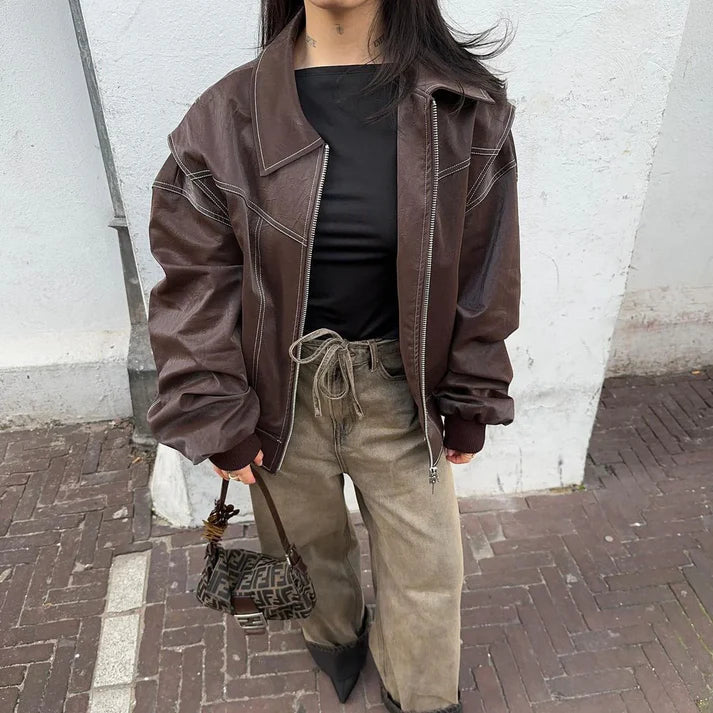 ALMA™ | Oversized Kontrast Läderjacka