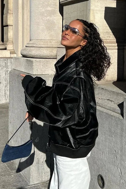 ALMA™ | Oversized Kontrast Läderjacka