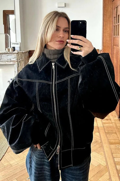 ALMA™ | Oversized Kontrast Läderjacka