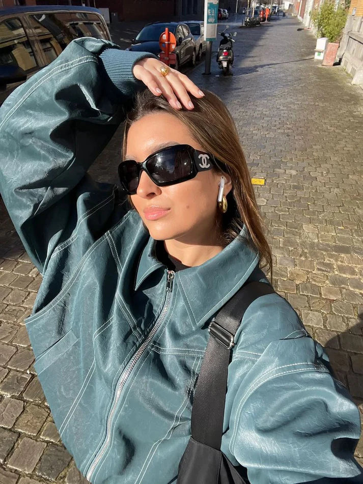 ALMA™ | Oversized Kontrast Läderjacka